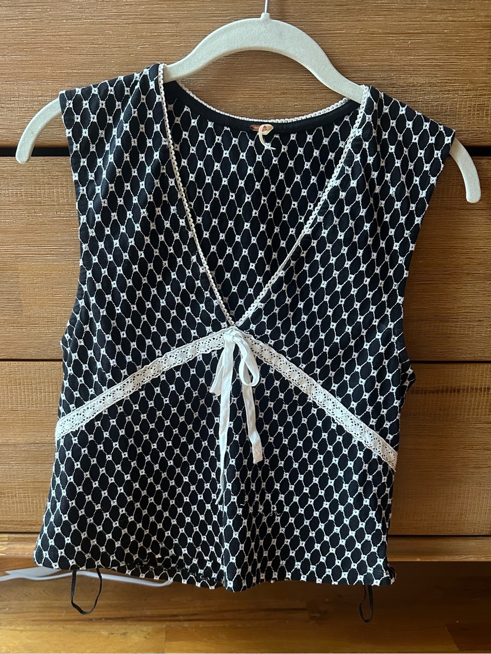 Free People Black and White Patterned Lace-Trim Camisole